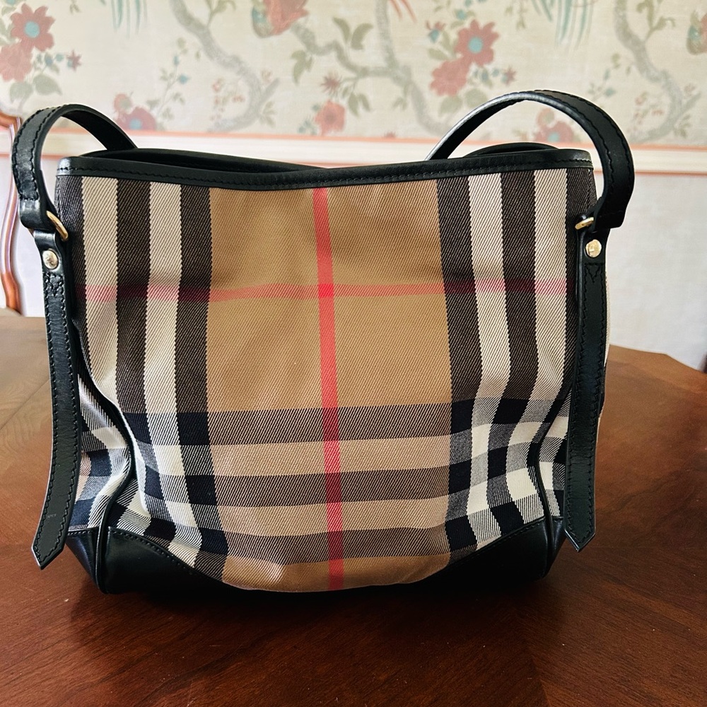 BURBERRY CANTERBURY BLACK LEATHER HOUSE CHECK CANVAS
SHOULDER SMALL TOTE BAG